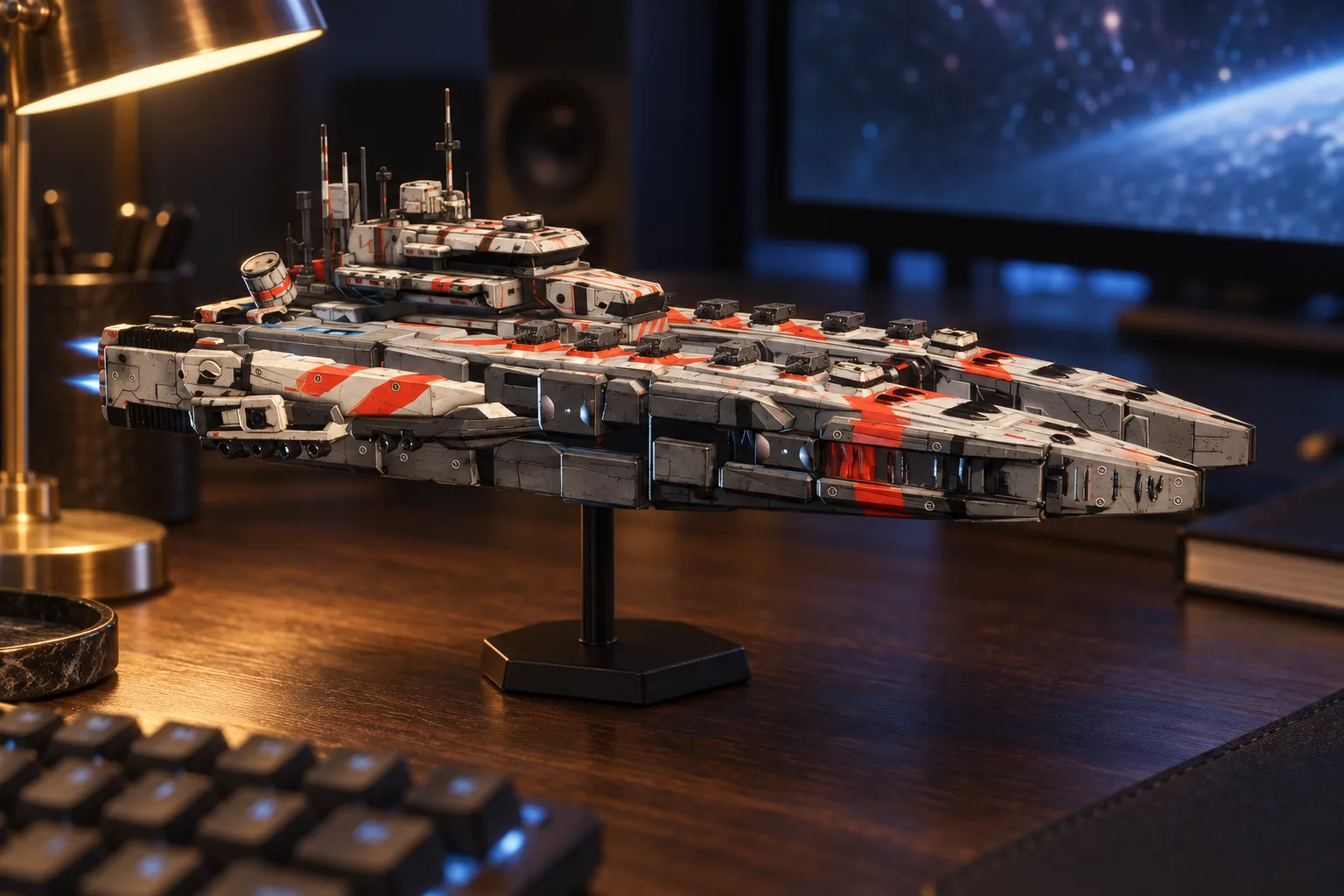 A Dreadnought model on a desk