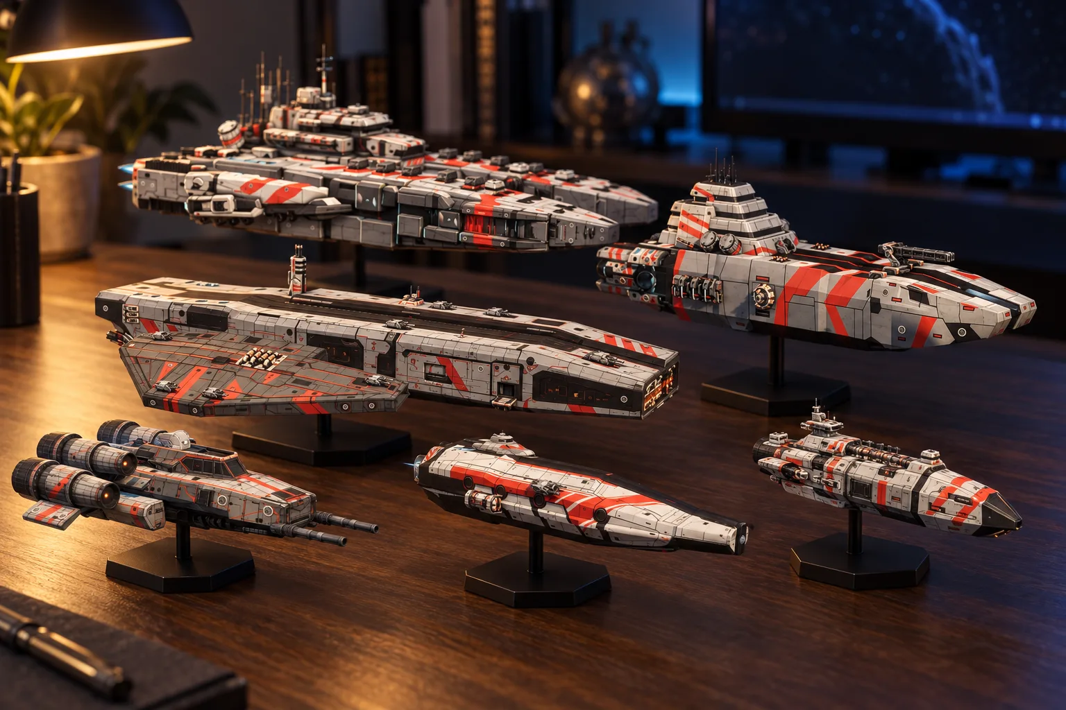 The full fleet of six models on a desk