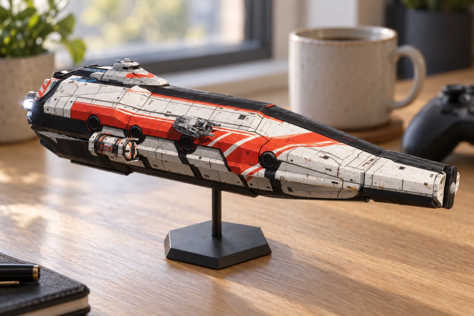 A Frigate model on a desk