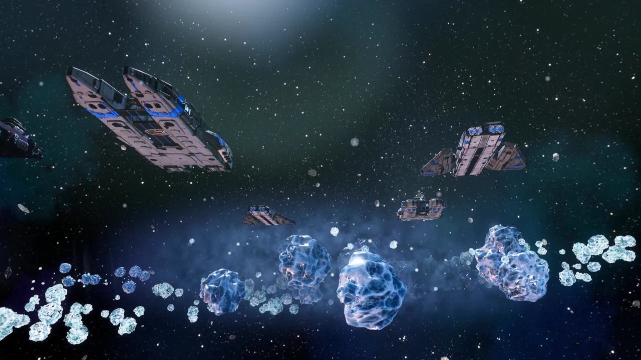 Warships flying in formation past an asteroid belt